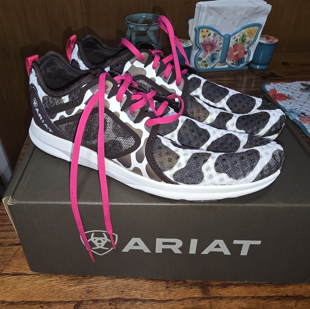 Ariat Cow Print Sneakers with Pink Laces